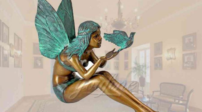 Lovely casting customized fairy bronze garden statue with dove