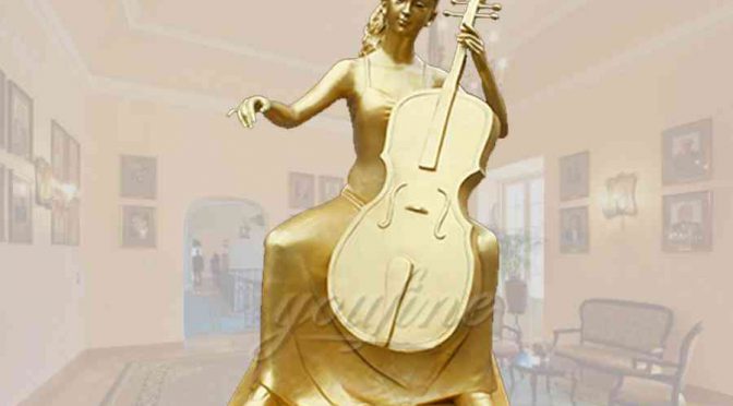 Elegant golden sitting cellist bronze garden statue for decor