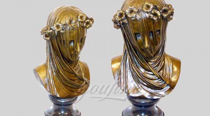 Exquisite life size indoor veiled bronze girl bust statue with wreath