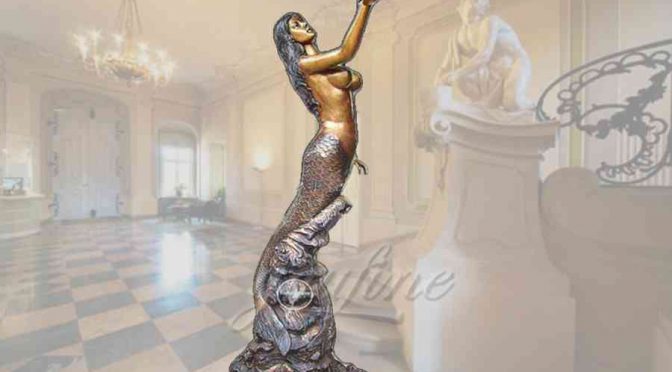 Garden decorative standing bronze mermaid statue with seashell