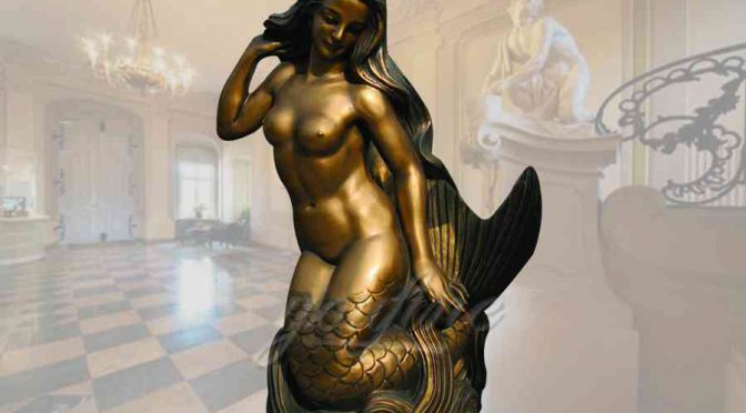 Outdoor golden casting bronze mermaid statue for decor