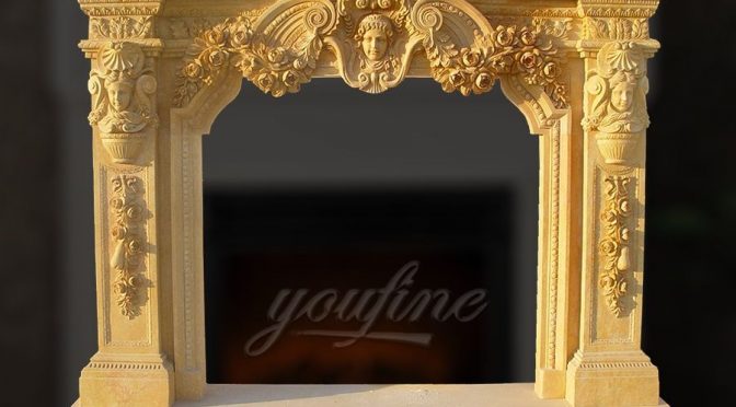 Decorative antique beige marble fireplace mantel for interior use