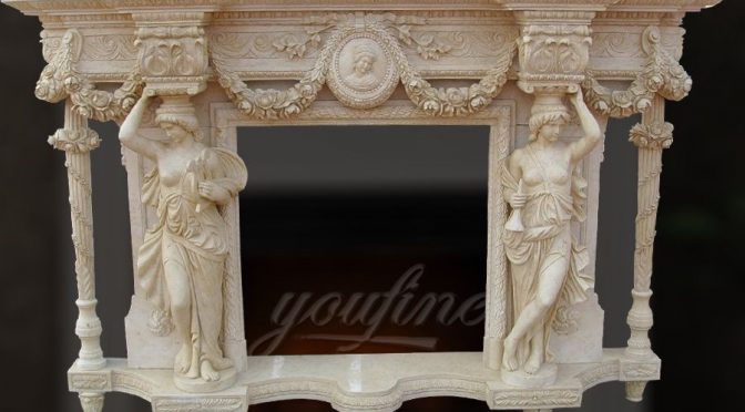 Decorative luxury beige marble fireplace mantel for sale