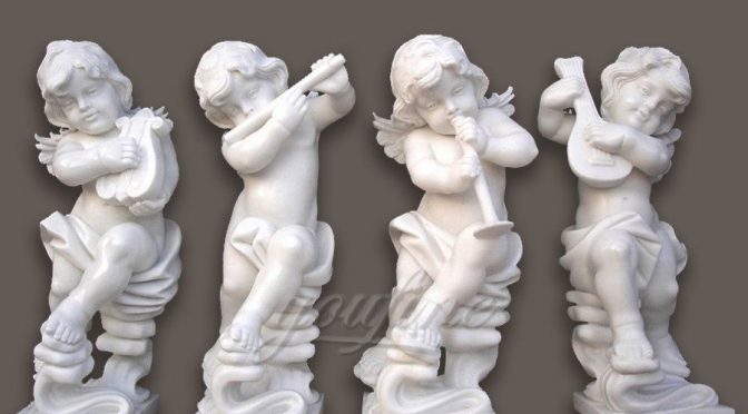 Hand carved decoration marble cherub statues with music