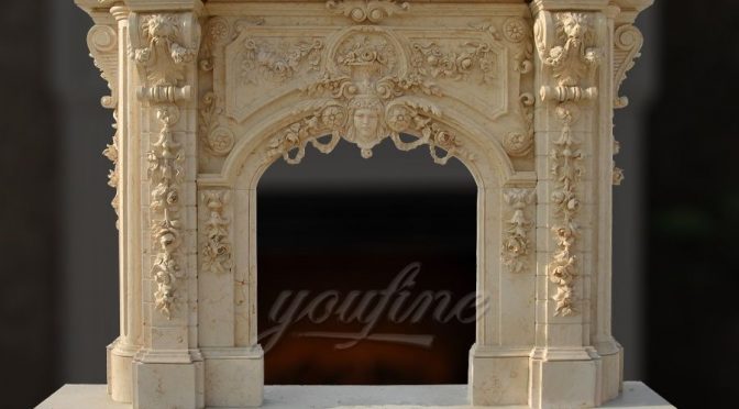 High quality luxury lion head beige Georgian marble fireplace mantel