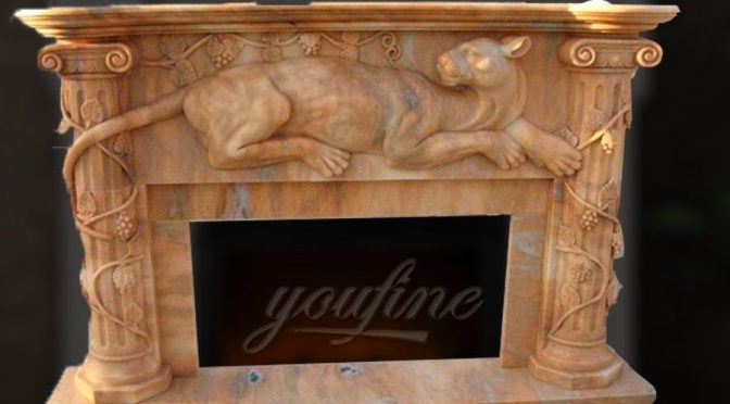Indoor decorative beige marble fireplace frame with animal for sale