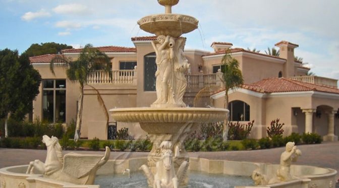 Large Garden Beige Marble Horse Outdoor Water Fountain