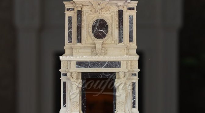 Large luxury beige marble fireplace over mantel for sale
