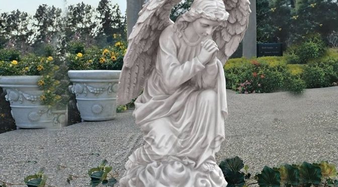 Life size hand carved kneeling angel marble statues with wings