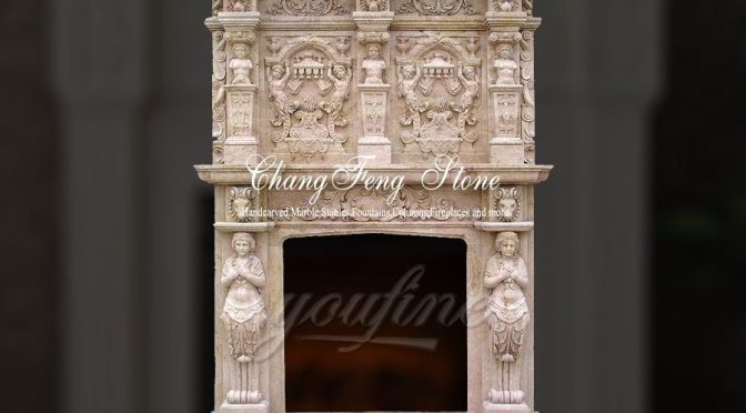 Luxury decorative beige marble fireplace over mantel for sale