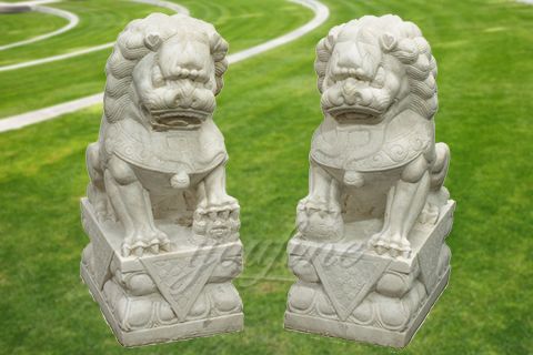 Outdoor white marble fu dog statue